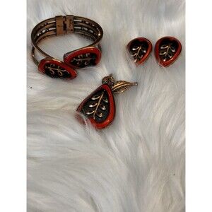 Matisse Orange Red Pear-Shaped Leaf Bracelet Brooch and Earring Copper Set